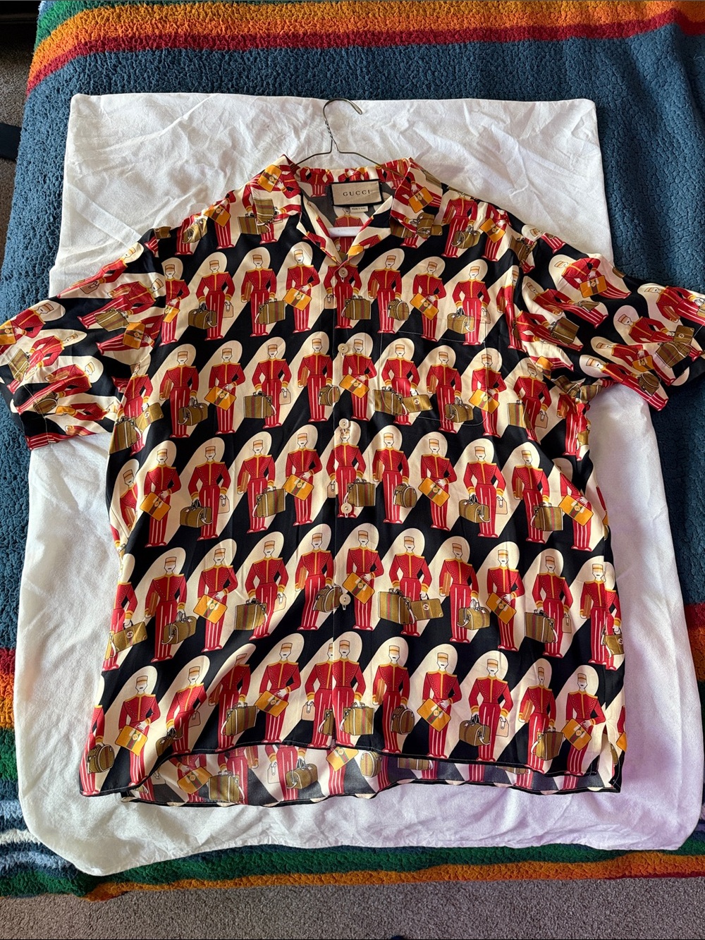 Gucci Black, Red & Gold Bellman Graphic Silk Short-Sleeve Button-Up Shirt